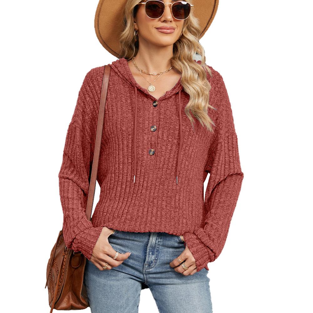 Autumn and Winter New Solid Color Hooded Button Versatile Style Solid Color Loose Long Sleeved Sweatshirt Women's Clothing