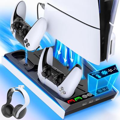 Met PS5 PS5 Slim Verticale Koelstandaard met Ventilatorsnelheid PS5 Controller Simultaan Opladen voor Twee Controllers met Oplaadindicator Compatibel met