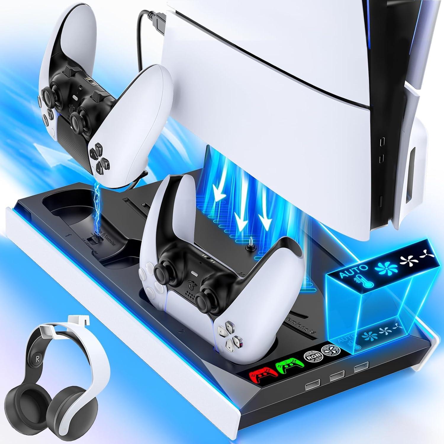 

with PS5 PS5 Slim Vertical Cooling Stand with Fan Speed PS5 Controller Simultaneous Charge for Two Controllers with Charging Indicator Compatible with