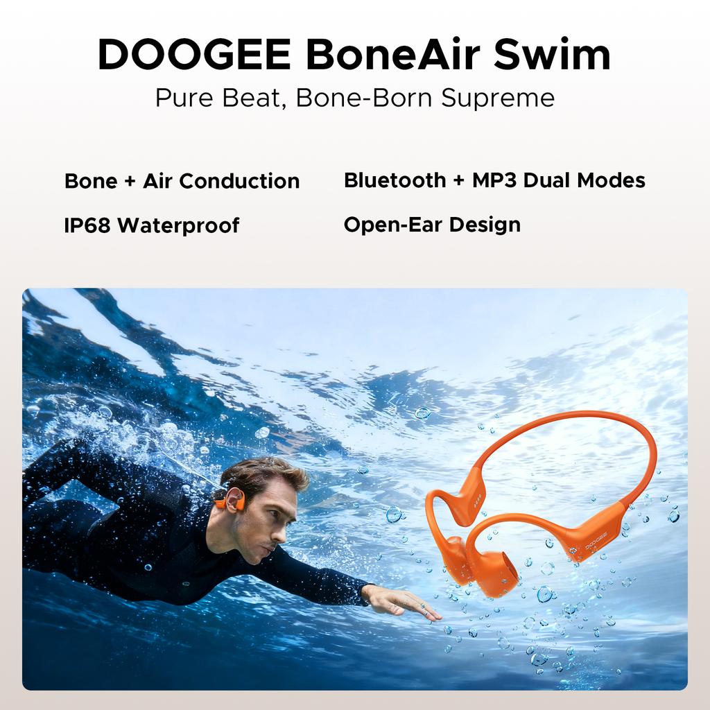 DOOGEE BoneAir Swim Bone Conduction Swmmming Sport Headphones Wireless Headset IP68 Waterproof With Microphone Calls Music 64GB
