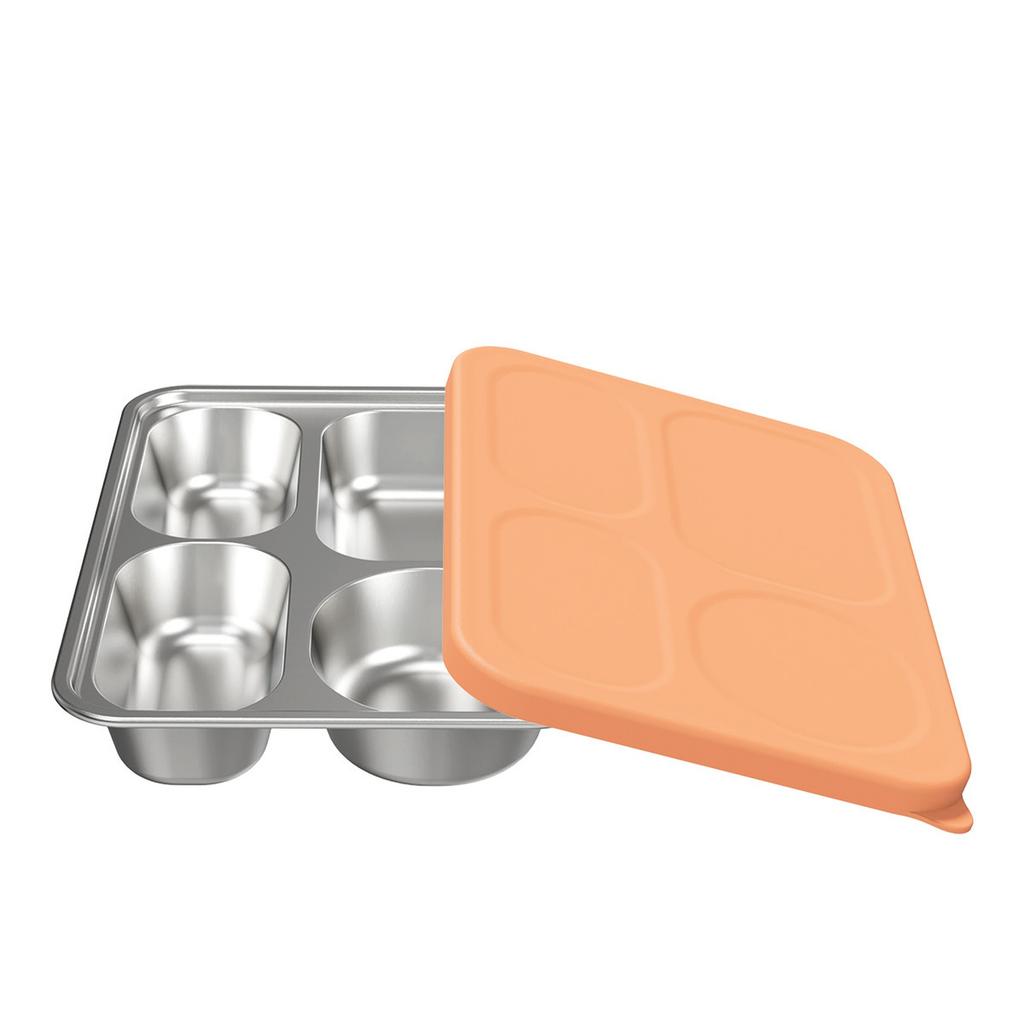 Stainless Steel Divided Plate for Kids with Silicone Lid, 4-Compartment Baby Dinner Plate, Children Tableware