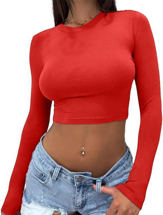 Spice Girl Solid Color Crew Neck Long Sleeve Button Top Slim Short Sexy T-Shirt Women