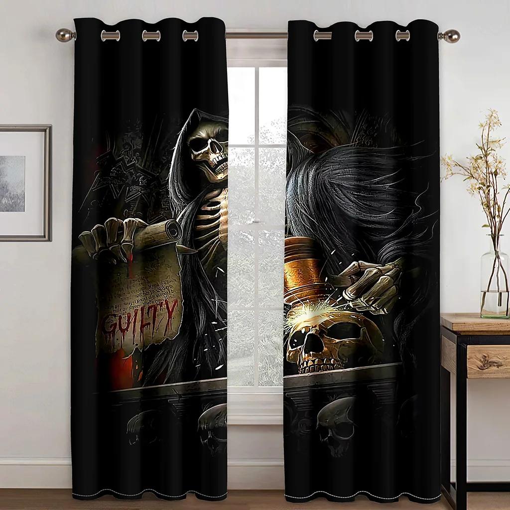 Cortinas Decorativas de Halloween 3D para Ventana de Sala de Estar, Dormitorio, Balcón con Diseño de Calavera Negra Masculina, 2 Paneles