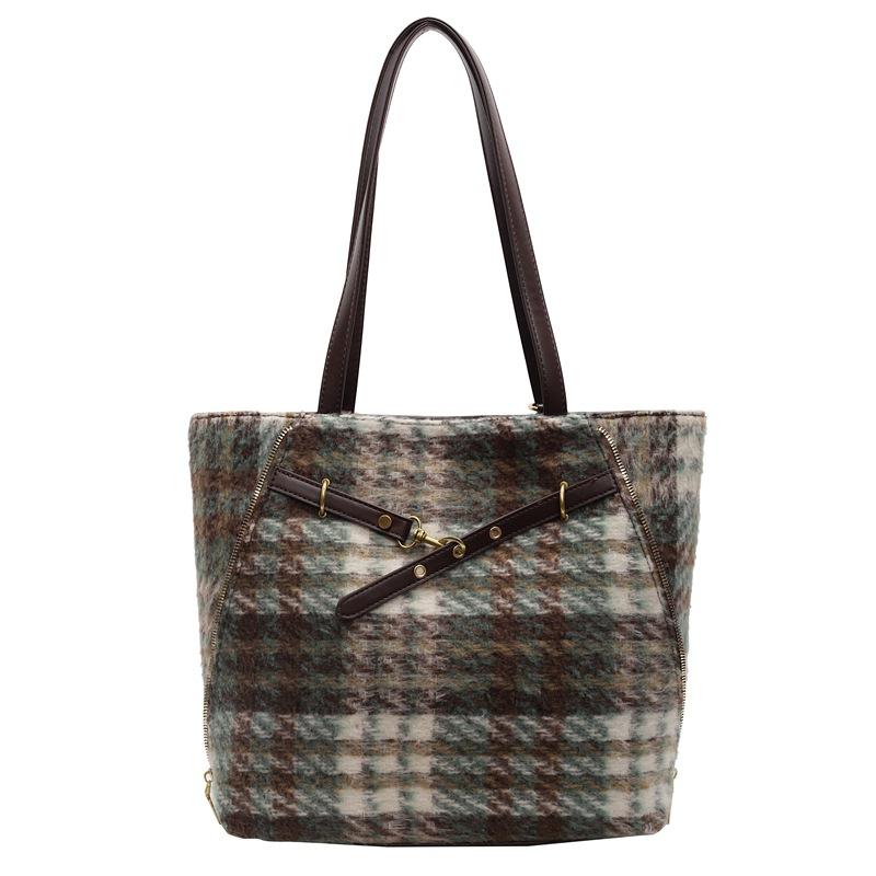 Pendler Wollbeutel mit großem Fassungsvermögen, neuer modischer vielseitiger Herbst- und Winter-Karoprint-Damenrucksack, Schulter-Tragetasche