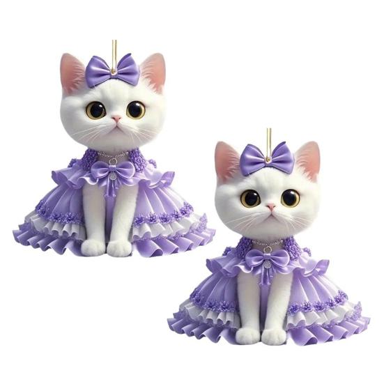 2Pcs Cute Cat Purple Pendant Car Rear View Mirror Charm Acrylic Cat Hanging Decorations for Auto Interior Window Bag