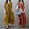 Women Fashion Autumn Casual Rayon Linen Long Sleeve Maxi Dress Kaftan