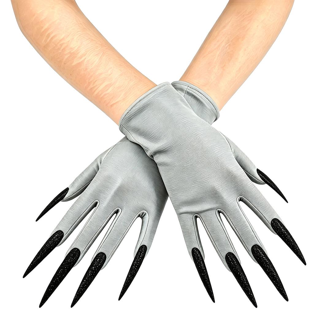 Dark Gloves with Long Nails for Halloween Witch Party, Short Stretch Fit