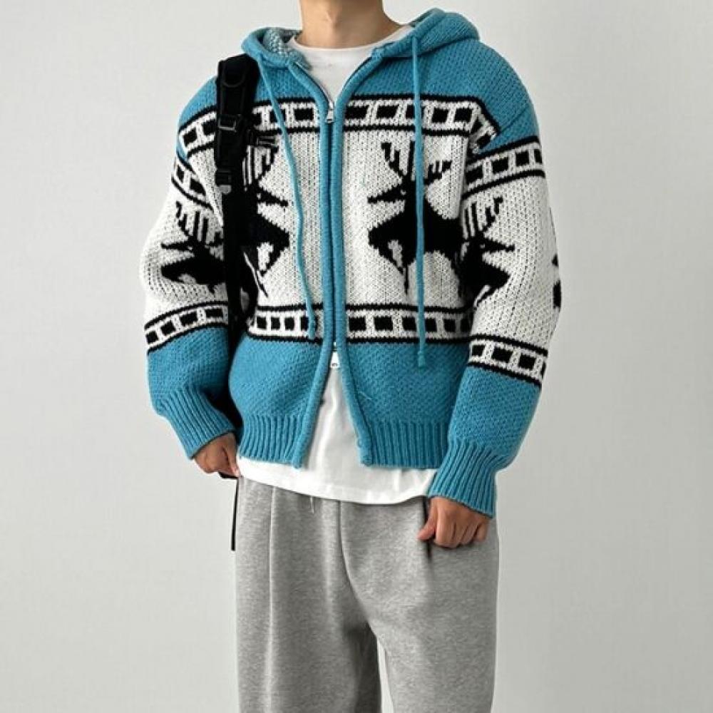 Onl Hooded Men S Nordic Knit Deer Knit Zipper