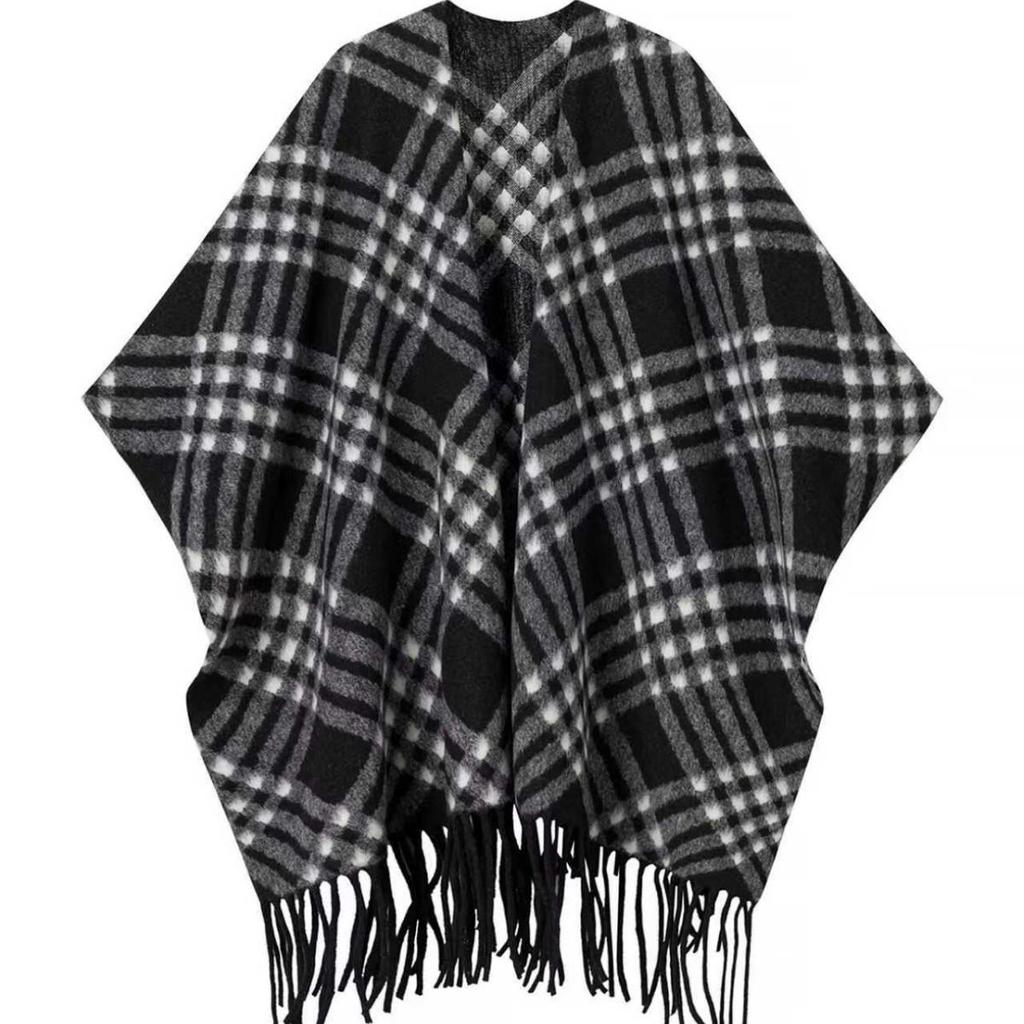 Retro Striped Tassel Korean Cape: High-End Warm Plaid Scarf Shawl