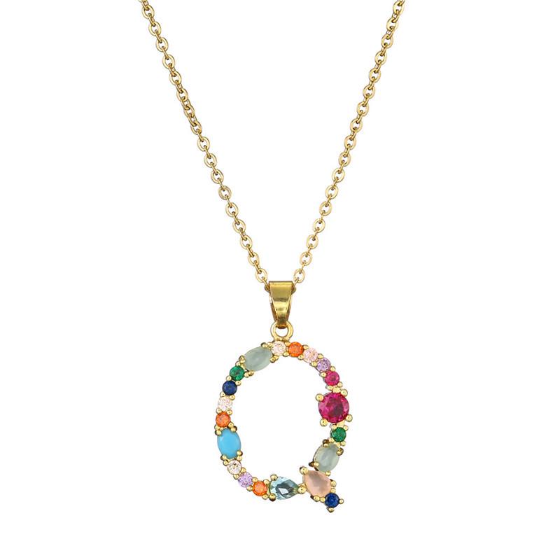 2021 Mixed Gemstone Inlaid Clavicle Necklace: 26-Letter Color-Preserving Electroplated Design for Women, Popular In Europe and America