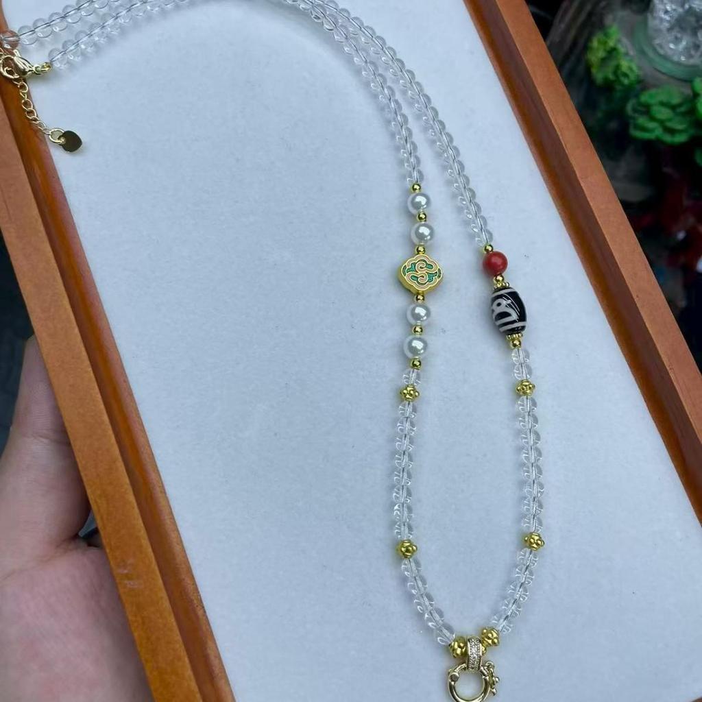 Thailand Jade Amulet Necklace with Crystal Beads and Thangka Pendant