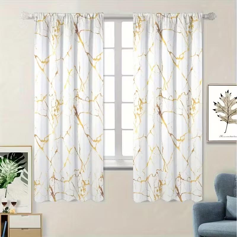 

Set Of 2 Golden Lines Print Curtains Suitable Bedroom Living Room Kitchen Decoration Home Window Curtain Polyester Ideal For Area W100*H70(CM)-Hooks&2PCS