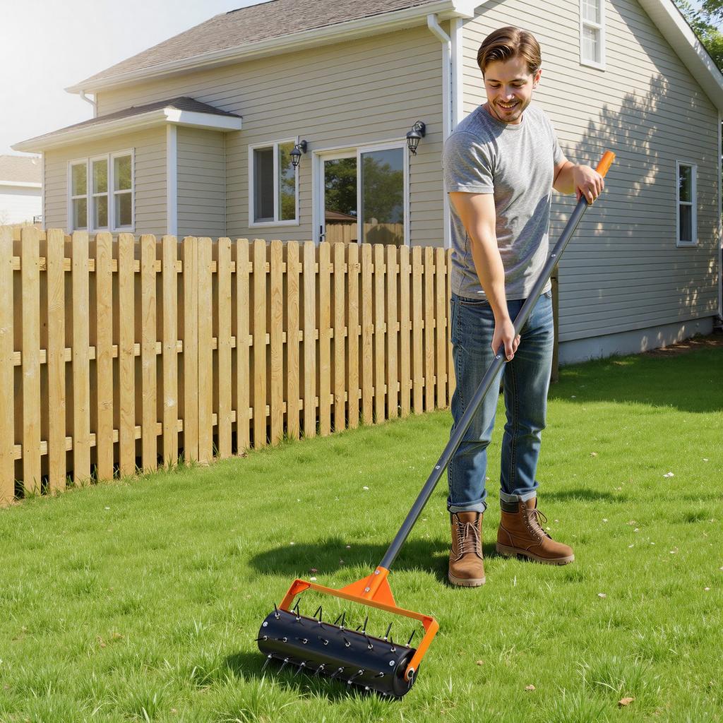 VEVOR Rolling Lawn Aerator, 15 in Manual Push Aerator Roller with 42 Spikes & 60 in Long Handle, Fillable Drum for Added Weight
