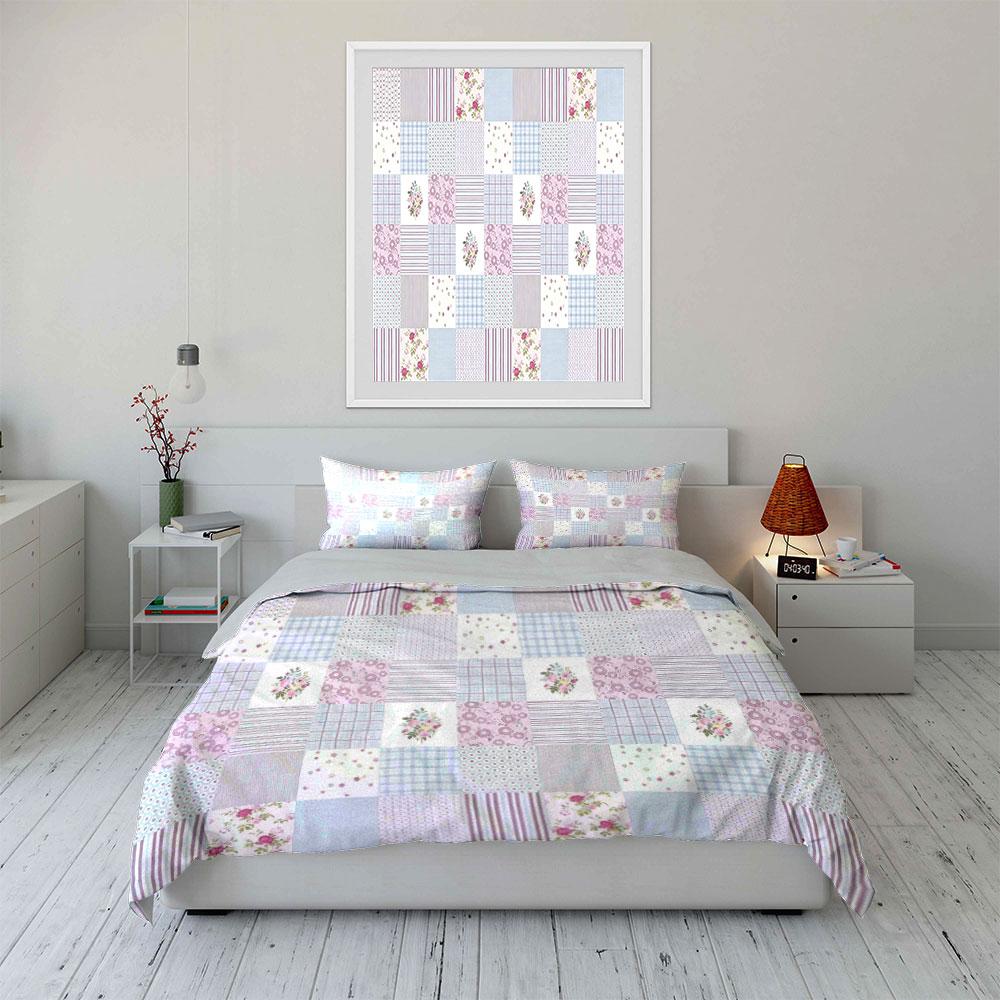 Shabby Chic Light Purple Floral Patchwork Bedding Set 3pcs Stripe Plaid Small Flower Patch Print Girls Bed Set Gift