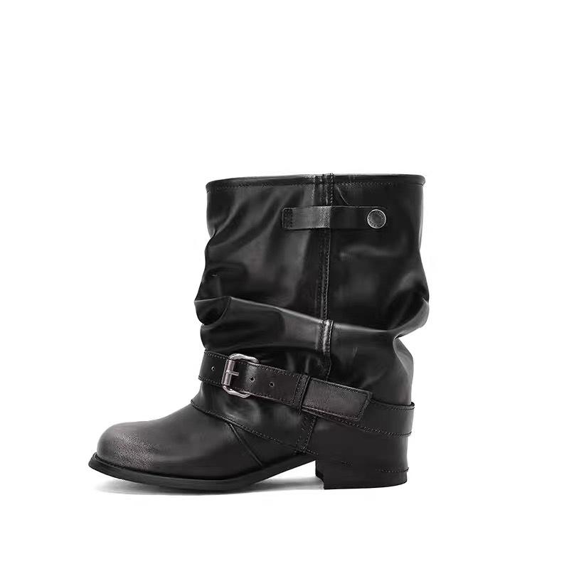 Women Western Cowboy Boots  Height Increased Vintage Block Heels Female Shoes Round Toe Pleated Style Knight Booties