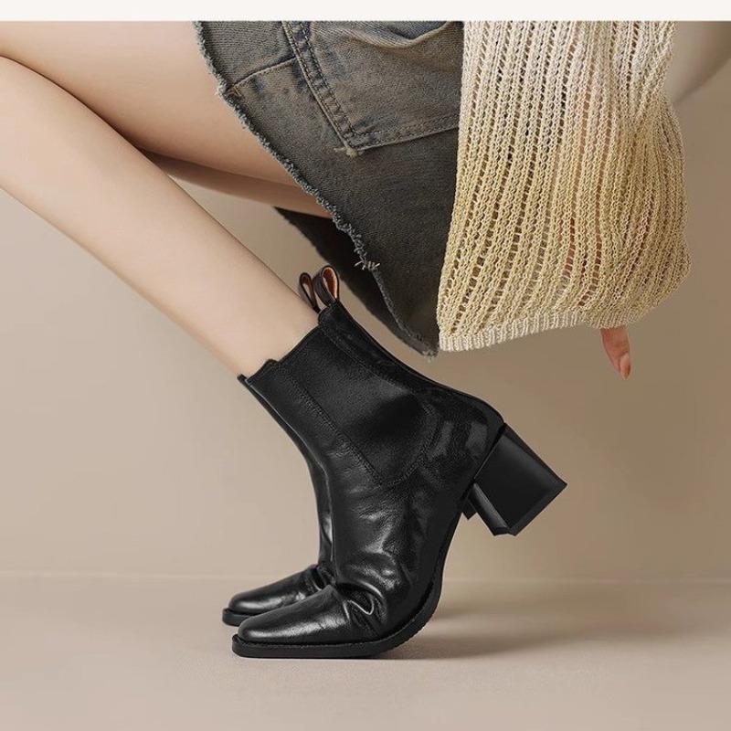Fashion Maillard Vintage Brown Sleeve Chelsea Skinny Boots Square Toe Chunky High Heel Short Tube Girl