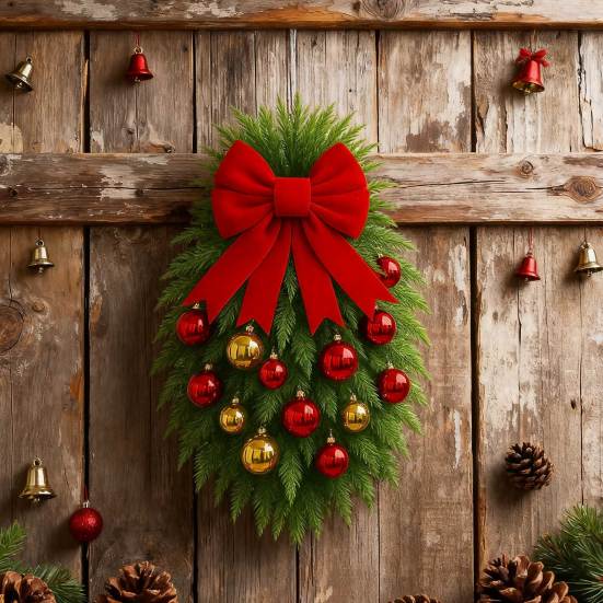 1/2Pcs Christmas Teardrop Swag Wreath with Norfolk Pine Greenery Stairway Swag Red Bow Balls Winter Xmas Hanging Garland Decoration