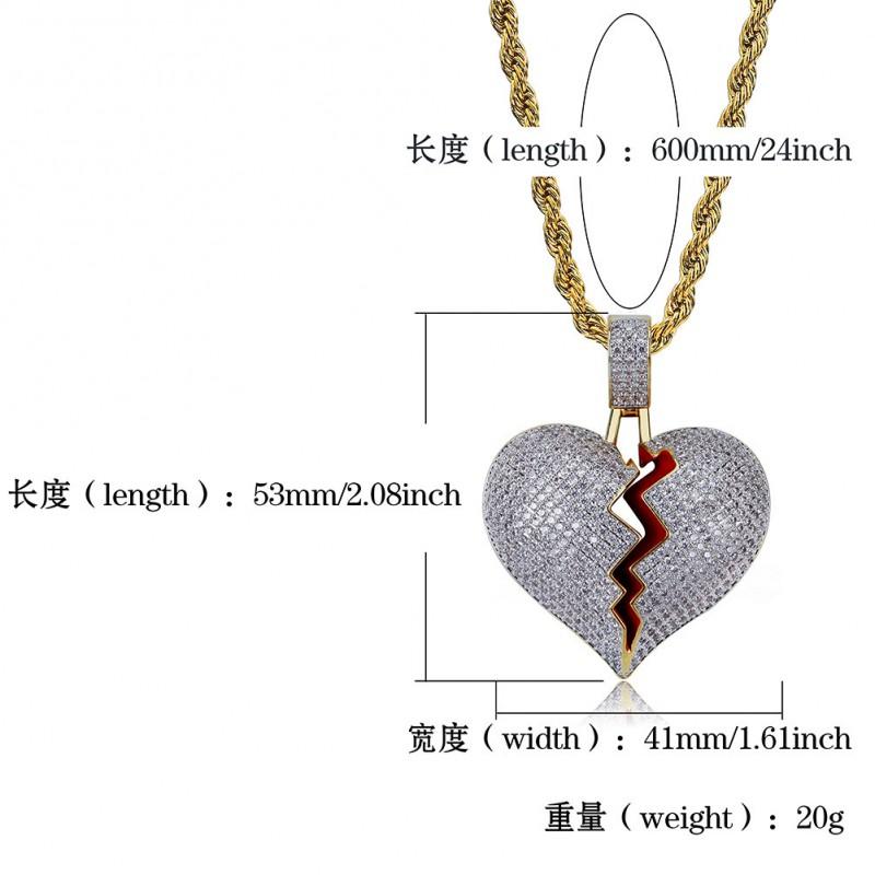 Heart Shaped Broken Pendant Couple Necklace Hip Hop Full Zircon Gold Colorful Two Tone Jewelry