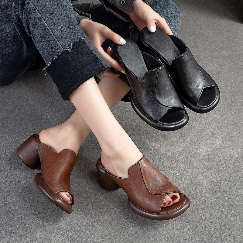 Johnature Peep Toe Slippers Μονόχρωμα Vintage Γνήσιο Δέρμα Ψηλοτάκουνα Άνετα Απλά Γυναικεία Παπούτσια