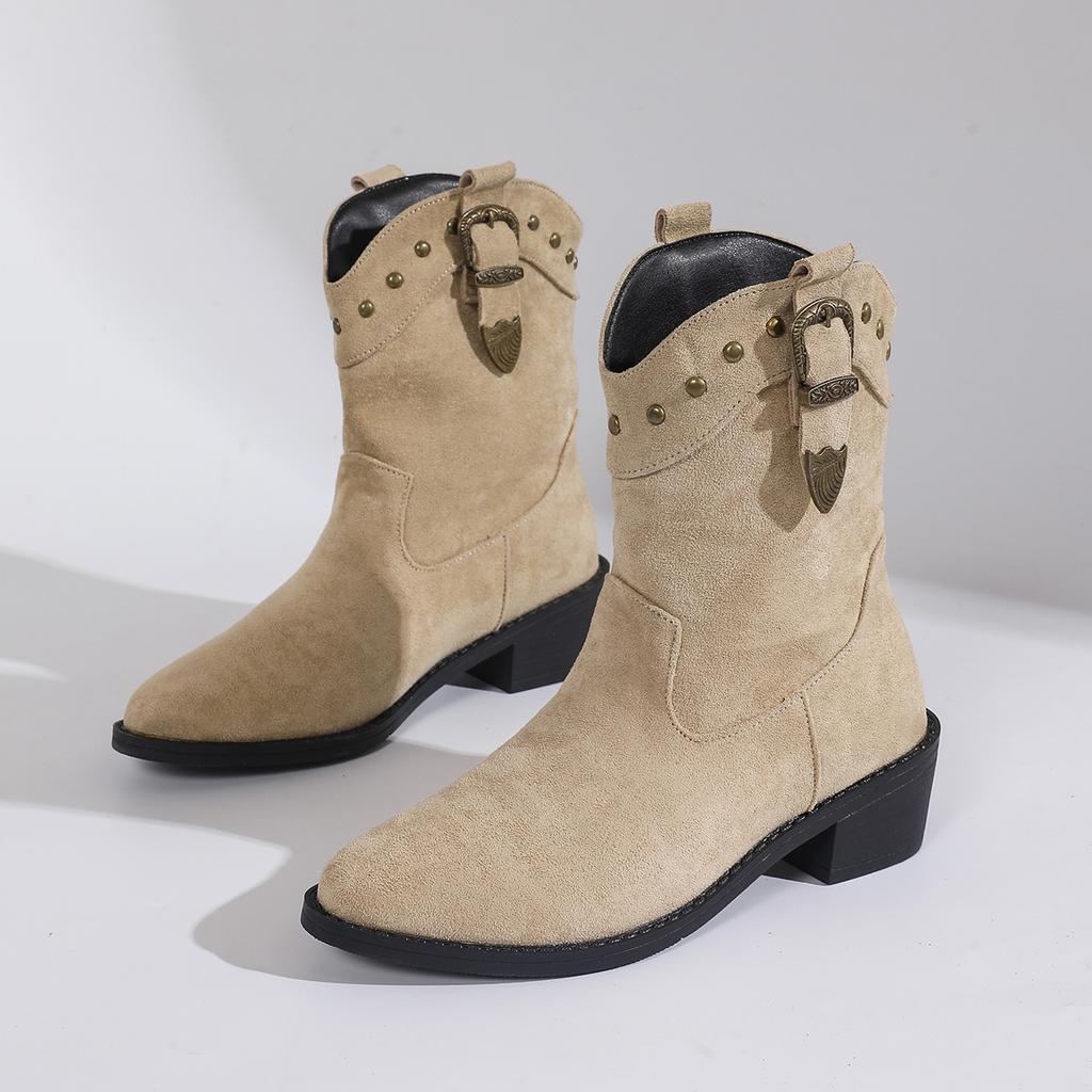 Women's Retro Short Boots Faux Suede Chunky Heel Pointed Toe V-Cut Cross-Border Large Size Spring Autumn Ankle Booties