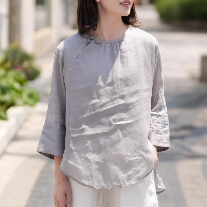 National Style Summer New Cotton and Linen Light and Breathable Shirt Top Sun Protection Embroidered Chinese Style Literary
