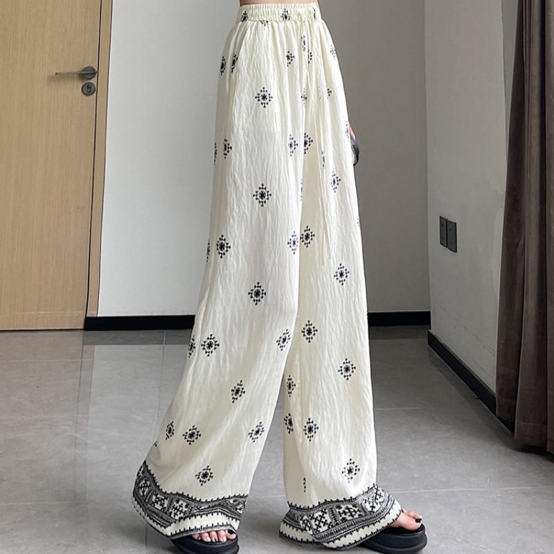 Summer Women Vintage Print Cotton And Linen Thin High Waist Wide Leg Pant Trouser For Girl