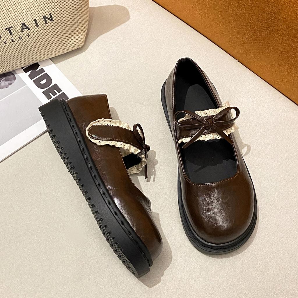College style round head bow small leather shoes women's spring and autumn new retro Velcro versatile Mary Jane shoes