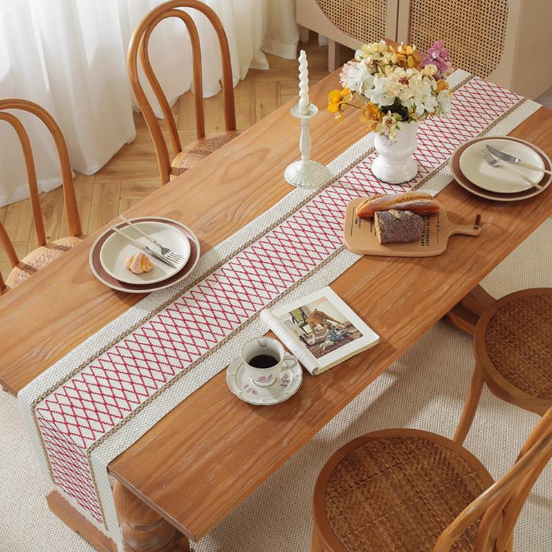 Boho Crochet Table Runner, Handmade Lace Striped Design, Polyester Woven Rectangular Table Decor for Home and Restaurant, Christmas Holiday Decoration