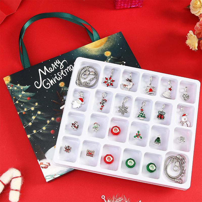 24 Days Xmas Theme Countdown Calendar With 2pcs Diy Charm Bracelets & Necklaces Kits Christmas Surprise For Girls Teens Women