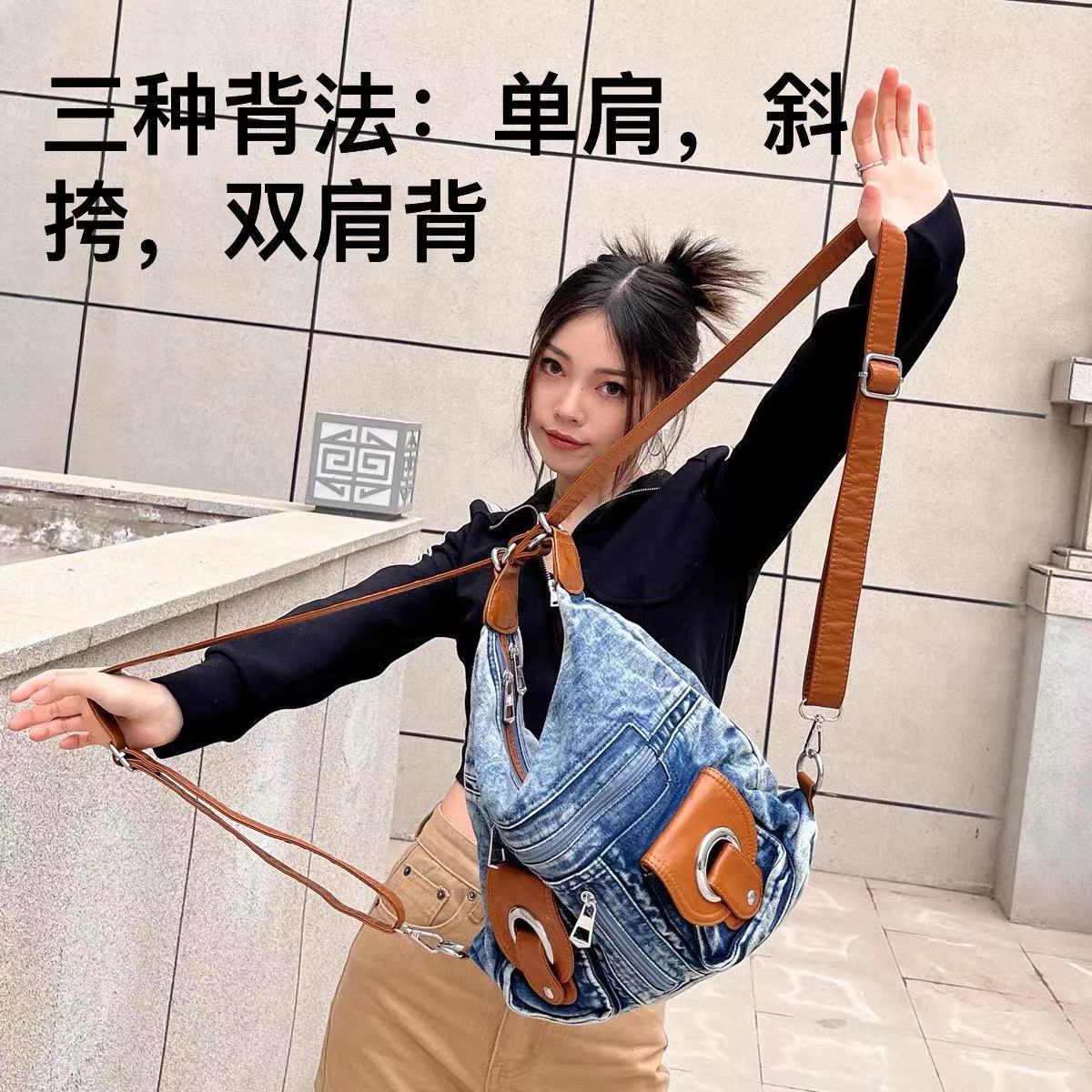 

Women s Denim Backpack Vintage Design Casual College Bag for School Commute Travel Convertible Crossbody Shoulder Backpack синий