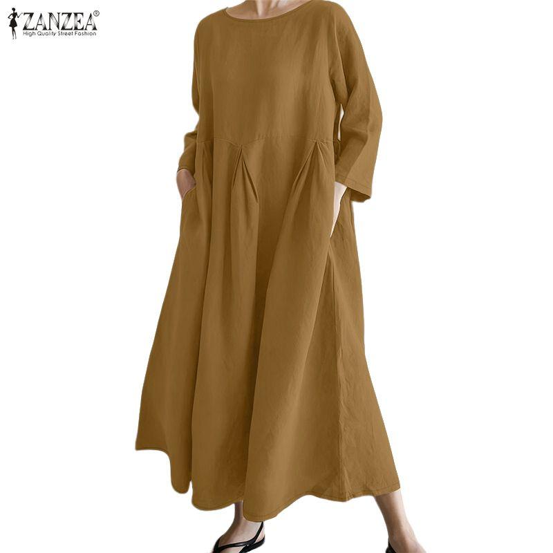 ZANZEA Damen Lässig Rundhals Achtelarm Locker Langes Kleid
