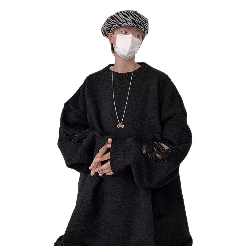 Autumn Men's Hole-Knit Sweater: New Lazy Style Pullover in Black or White