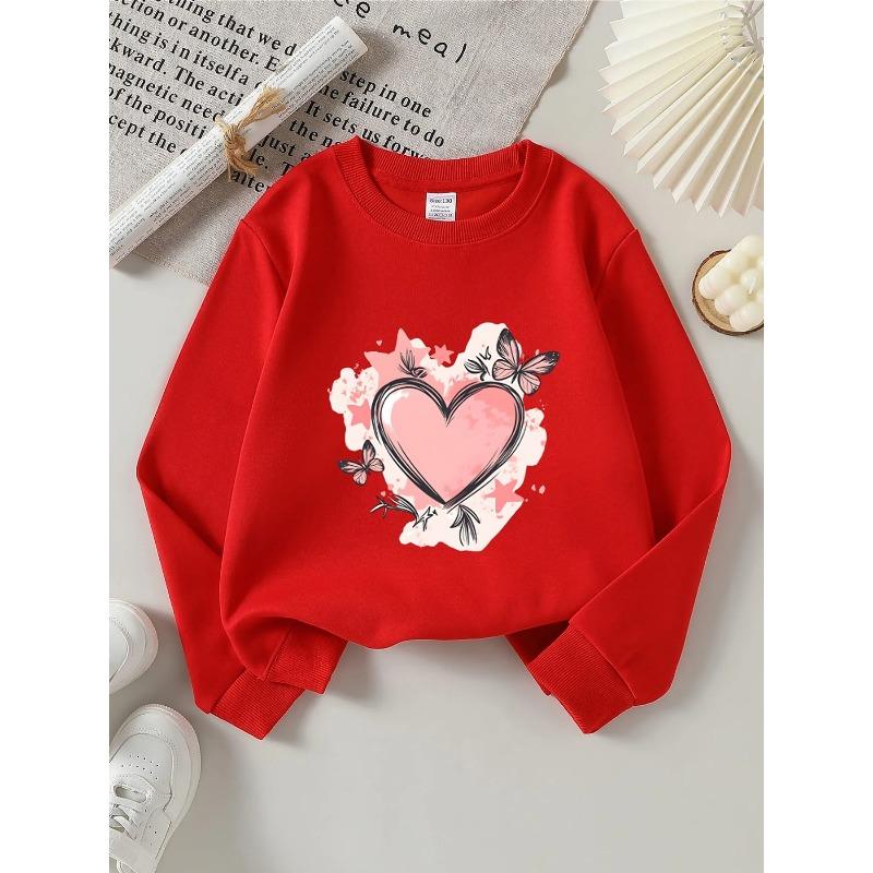 Girls' Crewneck Sweatshirt | Heart Butterflies Stars Leaves Pink, Machine Washable, Spring And Autumn, Sportswear And Casual Wear