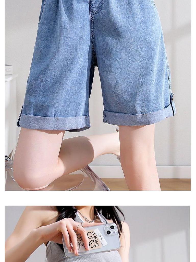 2026 Women's Plus Size Ice Silk Denim Shorts - Summer Thin, Loose Fit, Wide Leg, Tencel, Mid-Length