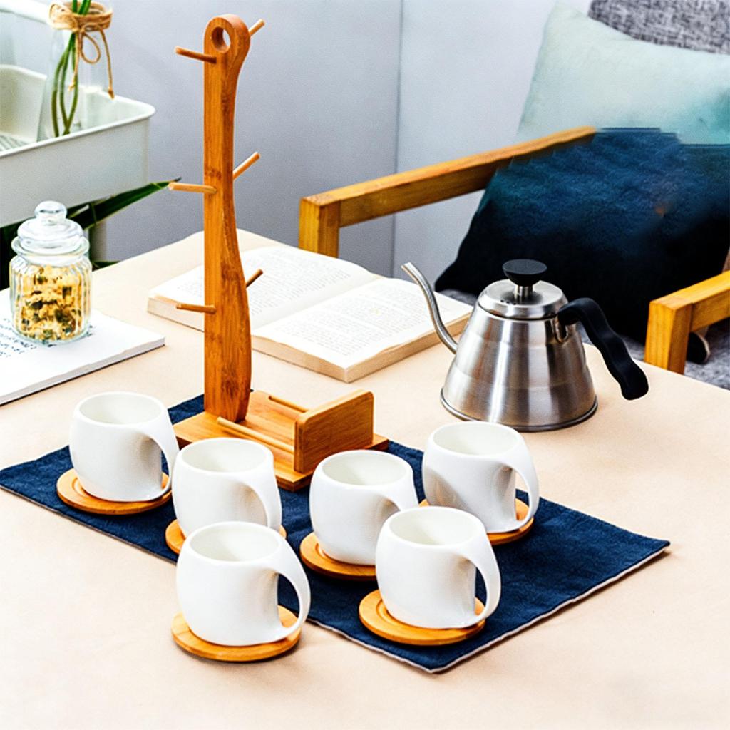 Nordic Style Ceramic Coffee Mug Set with Natural Bamboo Tree Cup Holder and Non-slip Coasters Stylish Kitchen Organizer for Tea and Coffee Home Decor