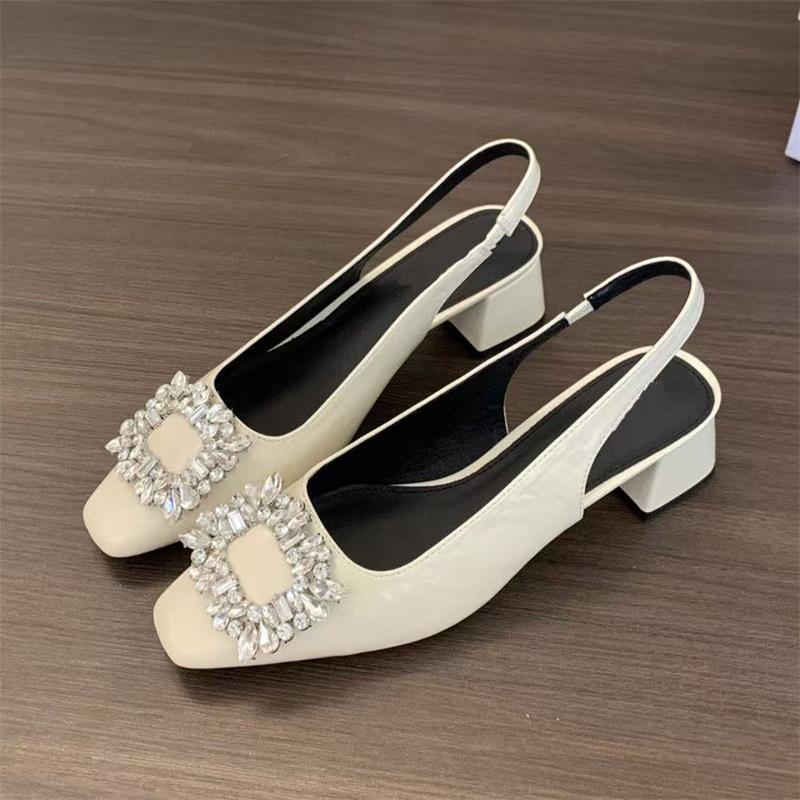 Premium Thick Heel Bag Head Sandals Rear Empty Shallow Mouth Women's Shoes Summer 2025 New Rhinestone Temperament French Single Shoes