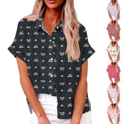 Women's Fashion Loose Casual Short Sleeve Lapel Button Down Shirt Bow Printed T-Shirt Top