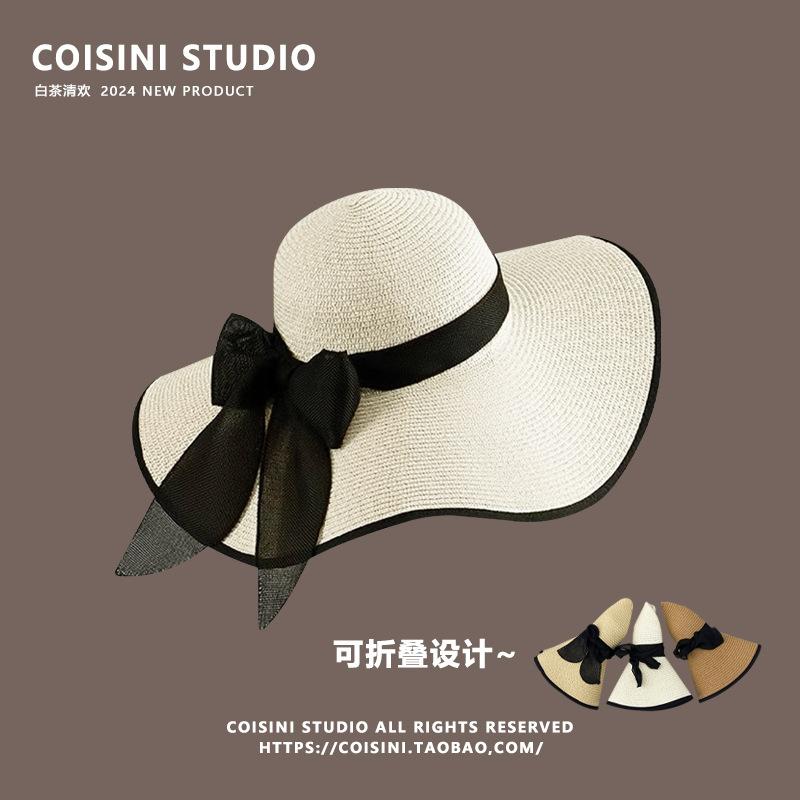 Straw hat women's sun protection summer oversized brim sunshade beach hat vacation foldable streamer bow hat women