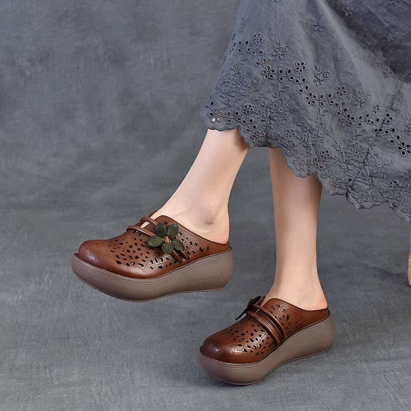 Johnature Ethnic Style Flower Wedges Slippers Genuine Leather Hollow Retro Outdoor Women's Sandals