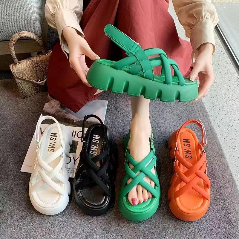Fashion Sandals Women 2024 Summer New Fashion Thick-bottomed Breathable  Mesh Magic Paste Roman Sandals Hook & Loop
