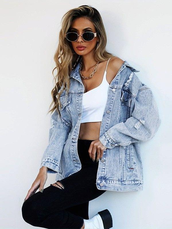European High-End Women's Trendy Ripped Denim Jacket: Harajuku Style