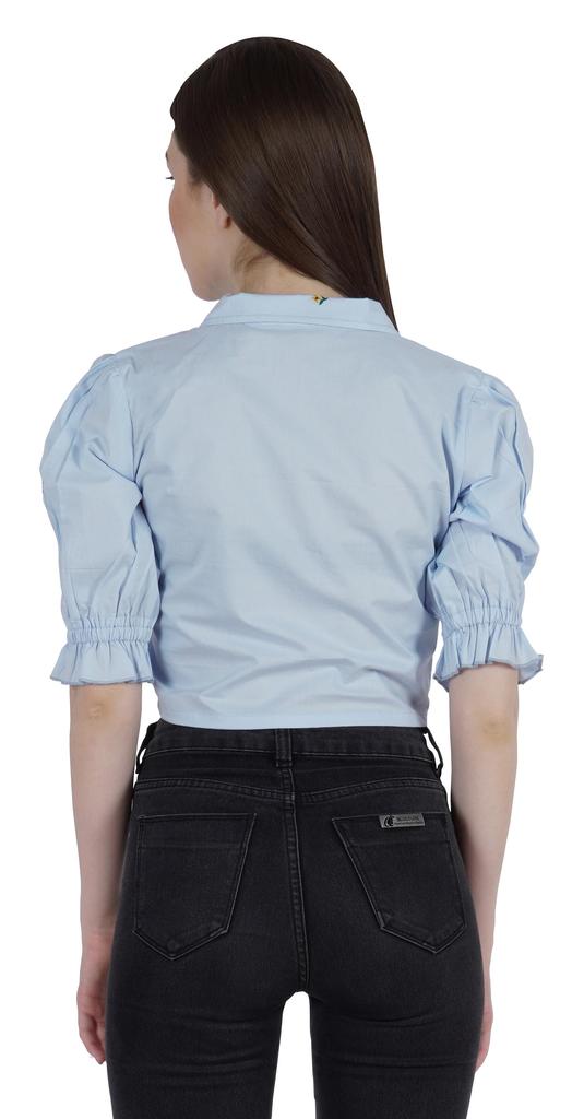 Moomaya Puff Sleeve Crop Top For Women Solid Button Down Collar Designer