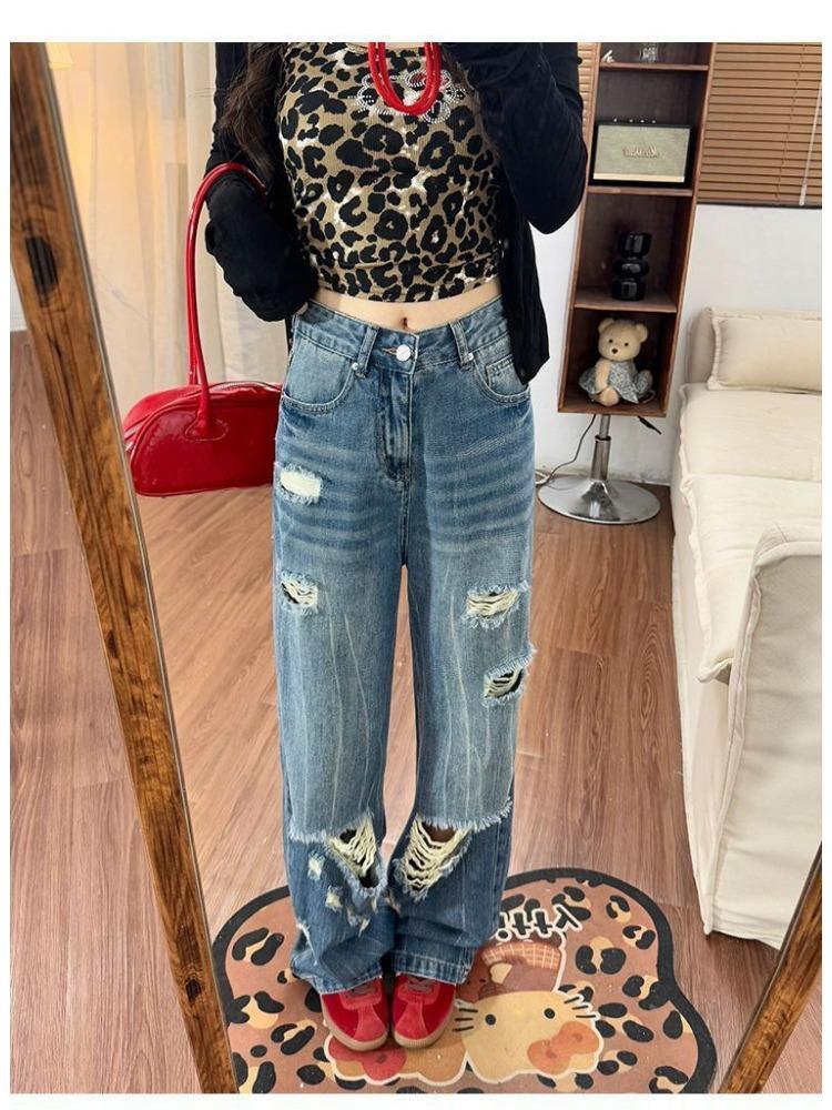 

Comfortable Broken Jeans Women s High-waisted Big Yards Loose Thin Pear-shaped Figure Wide-legged Trousers Jeans for Women Long Denim Pants 4XL