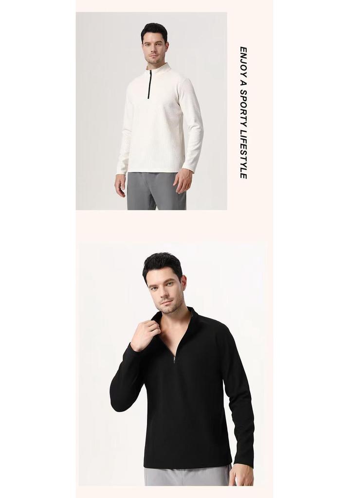 Men's Long Sleeve Half-Zip Sports Tee - Solid Color Stand Collar for Running and Fitness