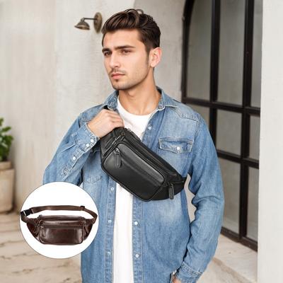 Sac Homme en Cuir de Vache Sac de Taille pour Téléphone Portable Sac Bandoulière en Cuir Véritable Sac Bandoulière Multifonctionnel Sport et Décontracté Sac de Poitrine Bandoulière