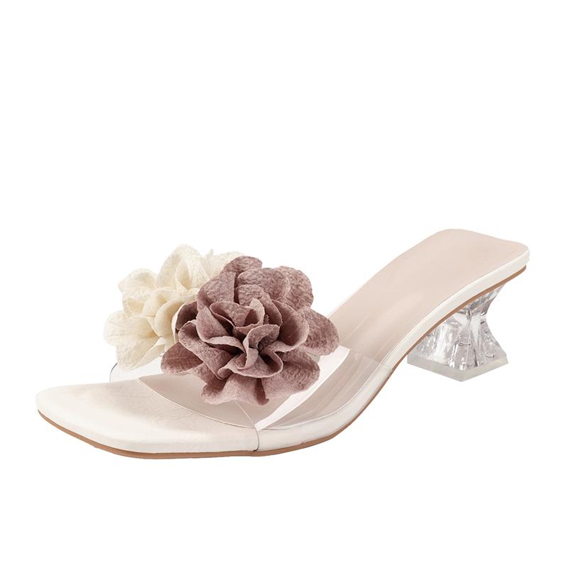 Fashion Flip-flops for Women Summer Wear Flower Clear Crystal Block Heel High Heels Square Toe Fairy Open Toe Sandals and Slippers