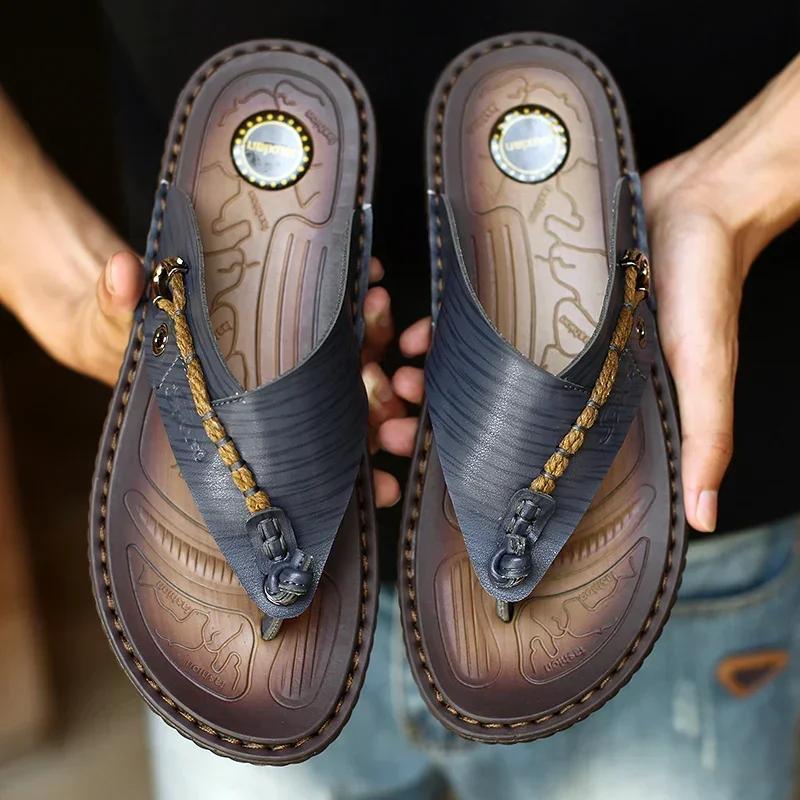 Fashion Summer Men Casual Casual Leather Flip Flops Slippers Flat Designer Soft Bottom Outdoor Slipper Breathable Beach Walking Shoes