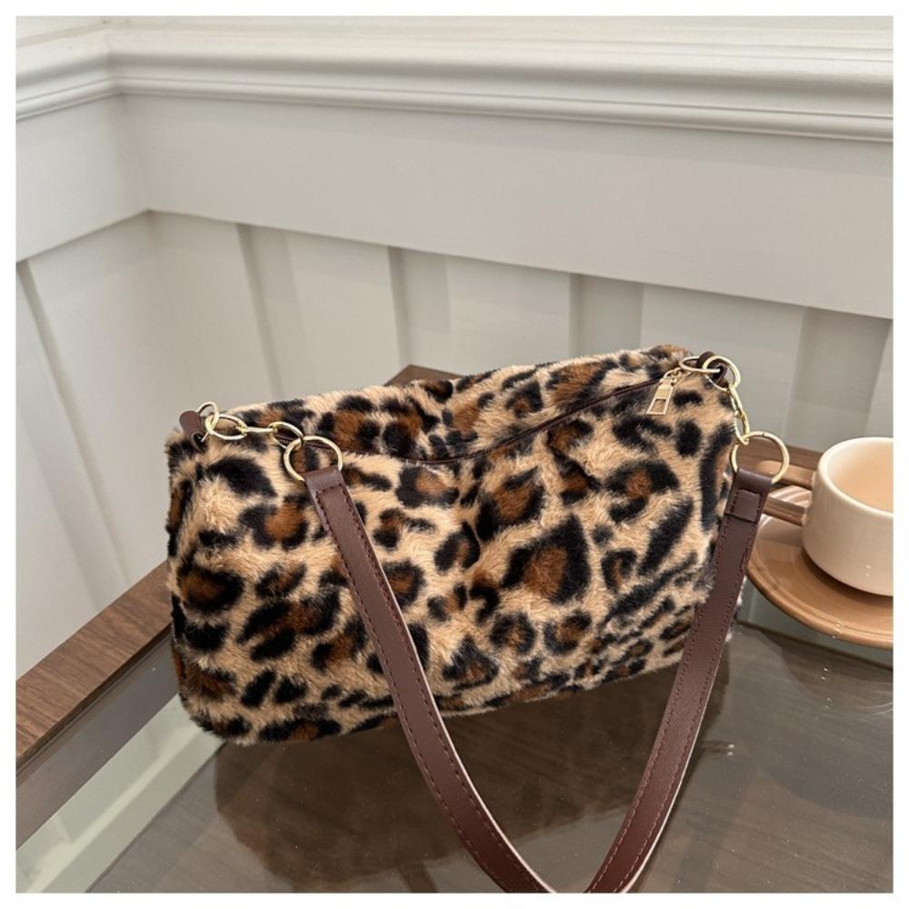 Fashion Leopard Print Handbag Plush Large Capacity Shoulder Bag Soft Tote Bag for Women