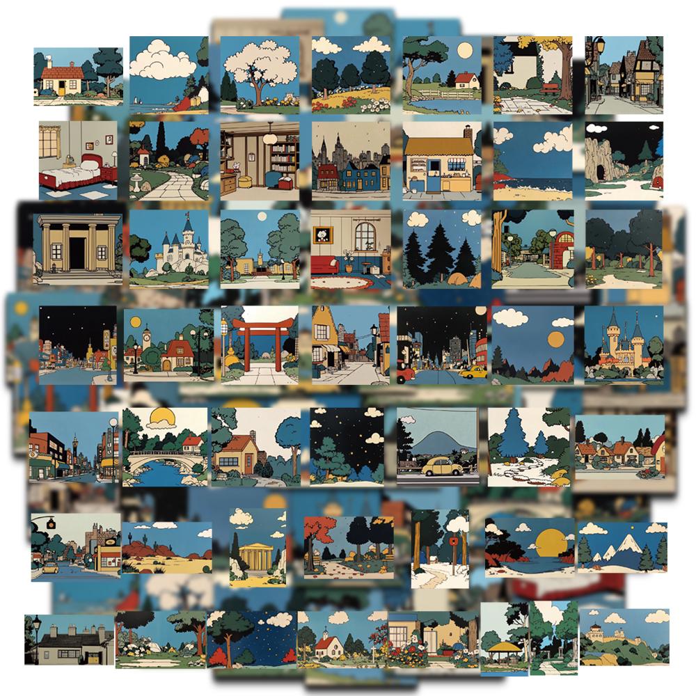 

50PCS Retro Cartoon Landscape Stickers Cartoon Retro Travel Bicycle Laptop DIY Fashion Tablet Decoration PVC Graffiti Stickers