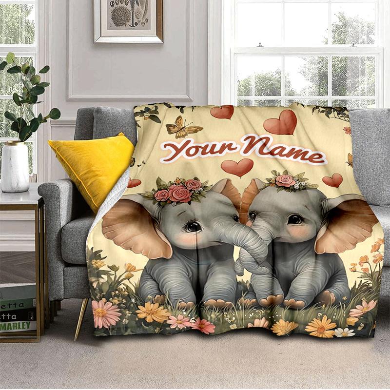 1PC Custom Name Elephants floral garden. Flannel blankets Patterns Throw Blanket All-Season Soft Gift for Couch, Bed, Camping gifts